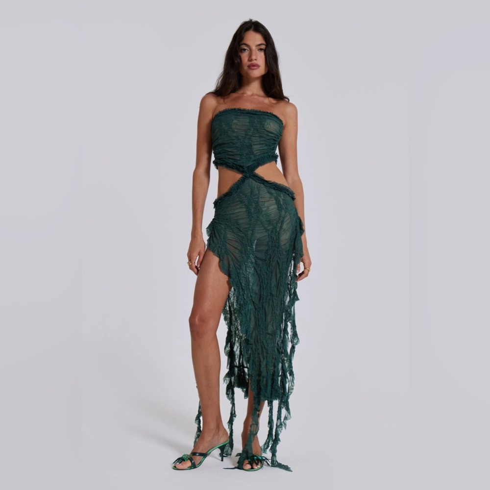 Jaded London Scrunch Lace Ruffle Dress in Olive